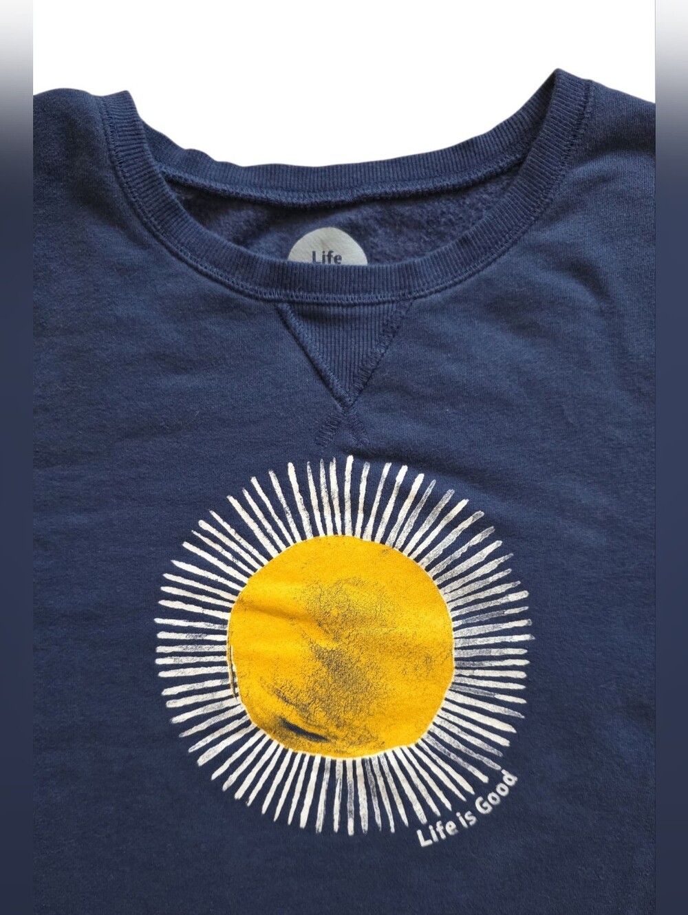Life Is Good Small Navy Blue Sun Graphic Crewneck Casual Cozy Sweatshirt - Picture 3 of 9